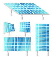 einstellen Solar- Paneele zum Alternative Energie Generation. Sonne Leistung Erhaltung. Blau Energie Ressource isoliert auf Weiß. elektrisch System Zelle. Alternative verlängerbar Energie Quelle. eben Vektor Illustration