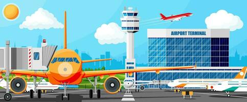 Flugzeug Vor abheben. Flughafen Steuerung Turm, Fluggastbrücke, Terminal Gebäude und Parkplatz Bereich. International Flughafen Konzept. Stadtbild, Flugzeug im Himmel mit Wolken und Sonne. eben Vektor Illustration