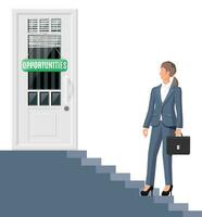 affärskvinna stående i främre av stängd dörr. lösning, vinnande, framtida, företag Framgång begrepp. öppen dörr av stor möjligheter. prestation och mål. platt vektor illustration