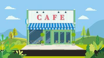 Fassade Vintage Café mit natürlicher Landschaft. Vektorillustration. Ladengeschäft mit Straße im Park. Flaches Marktgebäude natürliche Szene. Café-Fassadengestaltung mit Garten- und Himmelshintergrund vektor