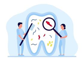 Zahn wird von Bakterien, Zahnstein, Bleaching und Behandlung gereinigt, Kontrolle durch den Zahnarzt. Zahnreparatur, Zahnpflege. Mundhygiene. Vorbeugung von Zahnerkrankungen beim Zahnarzt. Vektor