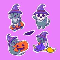 süße Hexenkatze und Kürbis Happy Halloween Sticker Pack vektor