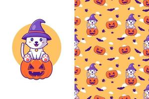 süße Katzenhexe mit Kürbis Happy Halloween mit nahtlosem Muster vektor