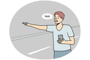 lächelnder junger mann mit handy in den händen holt taxi mit handgeste auf der straße. Glücklicher Typ mit Smartphone bekommt ein Taxi im Freien. Vektor-Illustration. vektor