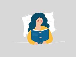 junges Mädchen sitzt im Bett beim Lesen eines Buches. Teenager-Mädchen liest vor dem Einschlafen. Frau liegt auf dem Bett und las ihr Tagebuch. psychische Störung, Freude am Verpassen, Therapiesitzung. vektor