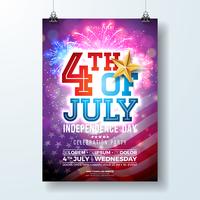 Independence Day of the USA Party Flyer Illustration med flagga och guldstjärna. Vektor fjärde juli design på blanka fyrverkerier bakgrund