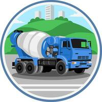 blå betong mixer maskin, betong lastbil vektor bild i cirkel med grön urban landskap på bakgrund under cement frakt till konstruktion Arbetar. konstruktion lastbilar samling