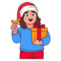 ein Mädchen im ein Santa Hut halten ein Weihnachten Geschenk vektor