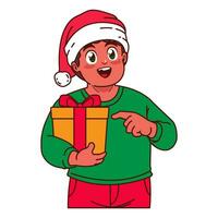 ein Junge im ein Santa Hut halten ein Weihnachten Geschenk vektor