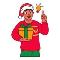 svart man i jul Tröja och santa hatt innehav en gåva låda vektor