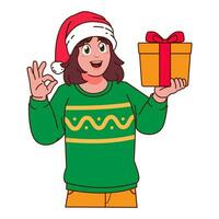 Frau im Weihnachten Sweatshirt und Santa Hut halten ein Geschenk Box vektor