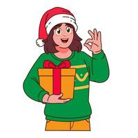 Frau im Weihnachten Sweatshirt und Santa Hut halten ein Geschenk Box vektor