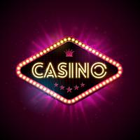 Casino Illustration med glänsande belysningsdisplay och neonljusbrev på violett bakgrund. Vektor gambling design med för inbjudan eller promo banner.
