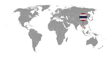 nåla karta med thailands flagga på världskartan. vektor illustration.