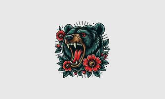 Kopf Bär brüllen und rot Blumen Maskottchen Design vektor