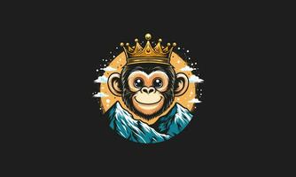 Kopf Affe Lächeln tragen Krone auf Berg Vektor Maskottchen Design
