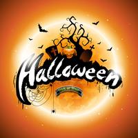 Vector glückliche Halloween-Illustration mit Kürbis und Mond auf orange Hintergrund.