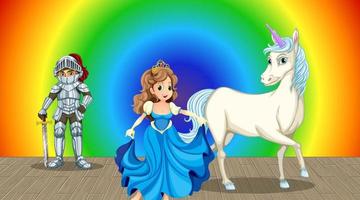 Prinzessin und Ritter-Cartoon-Figur auf Regenbogen-Gradienten-Hintergrund vektor