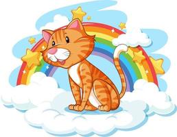 söt katt på molnet med regnbåge vektor