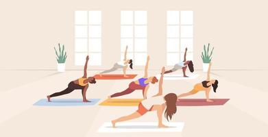 yogaklass. grupp människor i studion som utövar yoga med yogainstruktören. vektor illustration