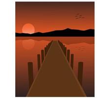Abbildung Vektorgrafik der Ansicht mit Sonnenuntergang am Fluss. Holzbrücke über Flusswasser und Berge vektor