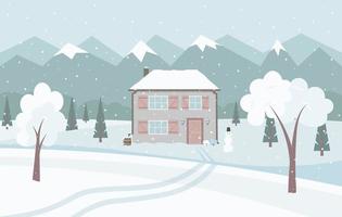 vitt snöigt vinterlandskap med sött hus på landet, berg, granar och snögubbe.