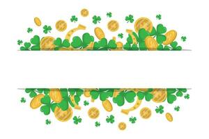 das Hintergrund von st. Patrick's Tag mit Grün Kleeblätter, Hufeisen und Gold Münzen. Vektor Illustration