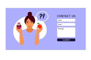 kontakta oss formulär. livsstil och näringskoncept. kvinna som väljer mellan hälsosam måltid och ohälsosam mat. platt illustration. vektor