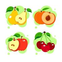 Kirsche, Birne, Pfirsich, roter Apfel ganz und geschnittenes Obst isoliert auf weißem Hintergrund. einstellen. Vektor-Illustration. eben. vektor