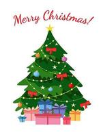 Geschmückter Weihnachtsbaum mit Stern, Lichtern, Dekorationskugeln und Lampen. Frohe Weihnachten und ein glückliches Neues Jahr. flache flache Stil Vektorgrafik. vektor
