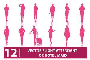 Vektor einstellen von Silhouetten von ein Flug Begleiter. Hotel Dienstmädchen. Marketing Frau posieren. stilvoll. Stand. perfekt zum Luftfahrt und Reise Design Elemente.