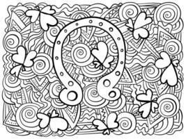 horizontal Gekritzel Färbung Buch mit gut Glück Symbole - - Hufeisen und Kleeblatt Kleeblätter, meditativ Färbung Seite zum st. Patrick's Tag vektor