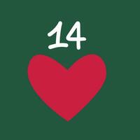 jul första advent kalender i de stil av minimalism, platt lägga. dag 14 med rosa hjärta på grön bakgrund vektor