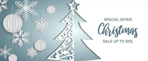 julförsäljningsbanner med pappersträd, bollar och snöflingor vektor