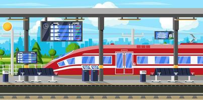 modern Eisenbahn Bahnhof mit hoch Geschwindigkeit Zug und Plattform mit Zeitplan. Super rationalisiert Zug. Passagier ausdrücken Eisenbahn Lokomotive. Eisenbahn Öffentlichkeit Transport U-Bahn. eben Vektor Illustration