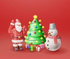 3d santa claus med gåva väska, snögubbe och jul träd. framställa Lycklig ny år dekoration. glad jul Semester. ny år och xmas firande. realistisk vektor illustration