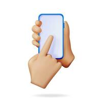 3d realistisk hand innehav och rörande smartphone med tömma skärm. främre se smart telefon i hand attrapp framställa. 3d telefon blå Färg. modern mobil grej enhet ikon. vektor illustration
