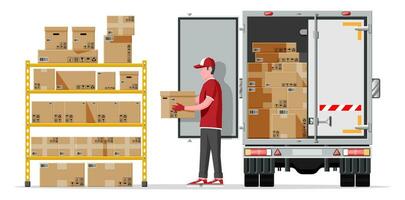 Warenhaus Regale mit Waren, Lieferung LKW, Beweger, Container Paket Boxen. Stapel Karton Kisten Satz. Karton Lieferung Verpackung öffnen und geschlossen Box mit fragil Zeichen. eben Vektor Illustration