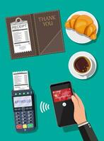 pos terminal och mobil smartphone betalning transaktion. läder mapp för kontanter, kassör kolla upp, kaffe, kaka. trådlös, kontaktlös eller kontantlös betalningar, rfid nfc. vektor illustration i platt stil