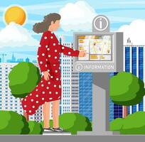 Information Kiosk und Frau und Stadtbild. Zeichen Digital Information Tafel. Straße interaktiv Berührungssensitiver Bildschirm Kiosk. Hilfe Digital Tafel Schnittstelle oder Zahlung Terminal. Karikatur eben Vektor Illustration