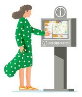 Information Kiosk und Frau isoliert auf Weiß. Zeichen Digital Information Tafel. Straße interaktiv Berührungssensitiver Bildschirm Kiosk. Hilfe Digital Tafel Schnittstelle oder Zahlung Terminal. Karikatur eben Vektor Illustration