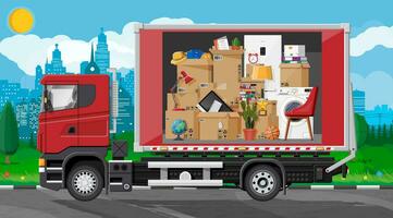 Lieferung LKW voll von Zuhause Zeug innen. ziehen um zu Neu Haus. Familie verlegt zu Neu heim. Kisten mit Waren. Paket Transport. Computer, Lampe, Kleidung, Bücher. eben Vektor Illustration