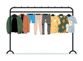 Herren und Frauen Kleider auf Aufhänger. Zuhause oder Geschäft Kleiderschrank. Kleider und Zubehör. verschiedene hängend Kleidung. Jacke, Shirt, Jeans, Hose. Karikatur eben Vektor Illustration