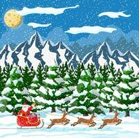 jul bakgrund. santa claus rider ren släde. vinter- landskap med gran träd skog bergen och snöar. Lycklig ny år firande. ny år xmas Semester. vektor illustration platt stil