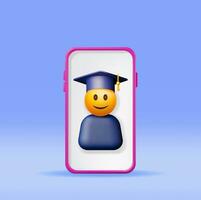 3d glücklich lächelnd Emoticon im Absolvent Deckel im Telefon. machen Smartphone mit Lächeln Schüler im Abschluss Hut. Doktorhut Hut. online Bildung Konzept E-Learning, online Kurse. Vektor Illustration