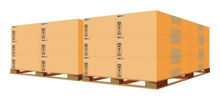 kartong lådor lugg på trä- lastpall isolerat på vit. kartong leverans förpackning stängd, sluten, kubisk, stor och små låda med ömtålig tecken. lager, leverans, logistik. platt vektor illustration