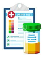 urin testa rör, medicinsk form lista med resultat data isolerat. prov i glas rör. laboratorium behållare med urin. prov kopp för urologisk analys och undersökning. platt vektor illustration