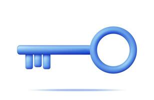 3d blå klassisk nyckel isolerat. framställa enkel nyckel ikon. begrepp av säkerhet och skydd. privat nyckel, digital signatur. verklig egendom symbol. minimal vektor illustration