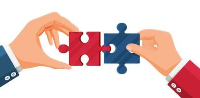 Hände von Geschäftsleute Zeichen verbinden Puzzle Stücke. Symbol von Zusammenarbeit, Zusammenarbeit, Partnerschaft. Geschäft Strategie und Lösung, Mannschaft Arbeit Konzept. Karikatur eben Vektor Illustration