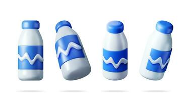 3d glas flaska med mjölk från annorlunda vinklar samling isolerat. framställa uppsättning av realistisk plast flaska av mjölk. mjölk mejeri dryck paket behållare. organisk friska produkt. vektor illustration